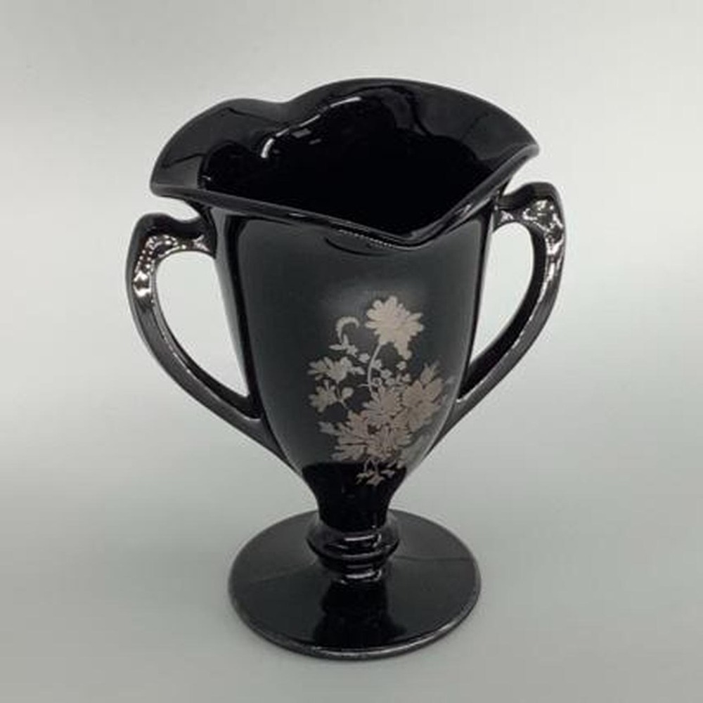 Vintage LE Smith Amethyst Glass Trophy Vase Silver Floral Double Handle Ruffled